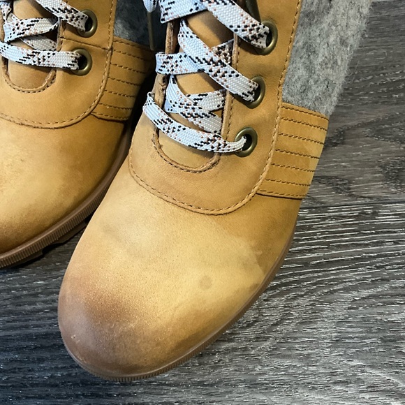 Sorel Lexie Waterproof Leather Wedge Boot - Camel Brown Tan + Grey size 10 - Picture 7 of 13